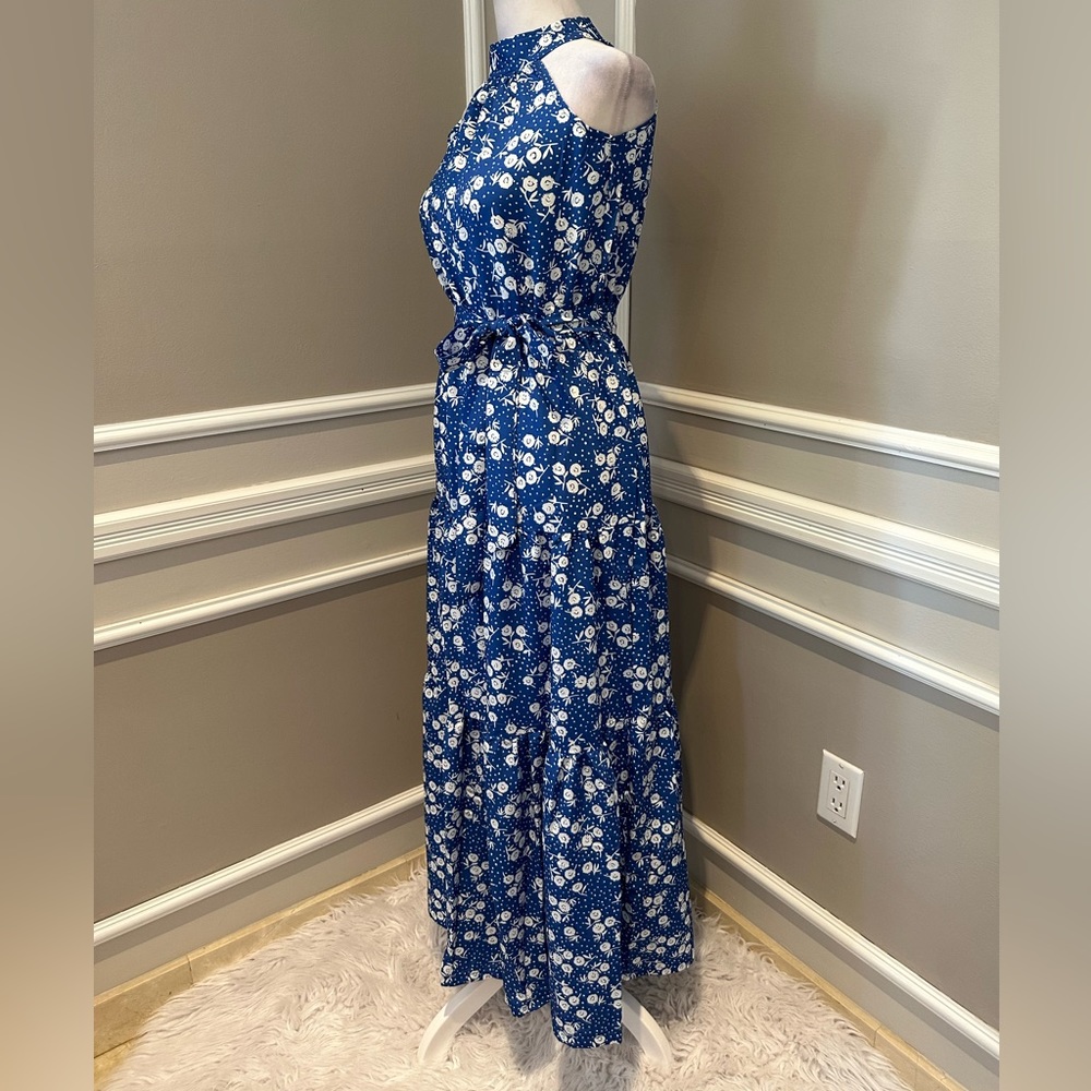 NWT Women’s Halter neck, Maxi layer dress in blue and Floral with leaf dot - Picture 5 of 9